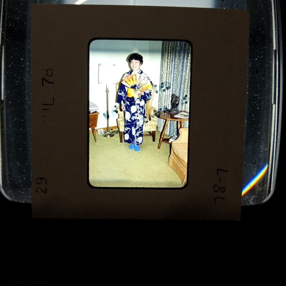 1978 Japanese Exchange Student Geisha Blue Dress, Gold Fan VTG 35mm Found Slide